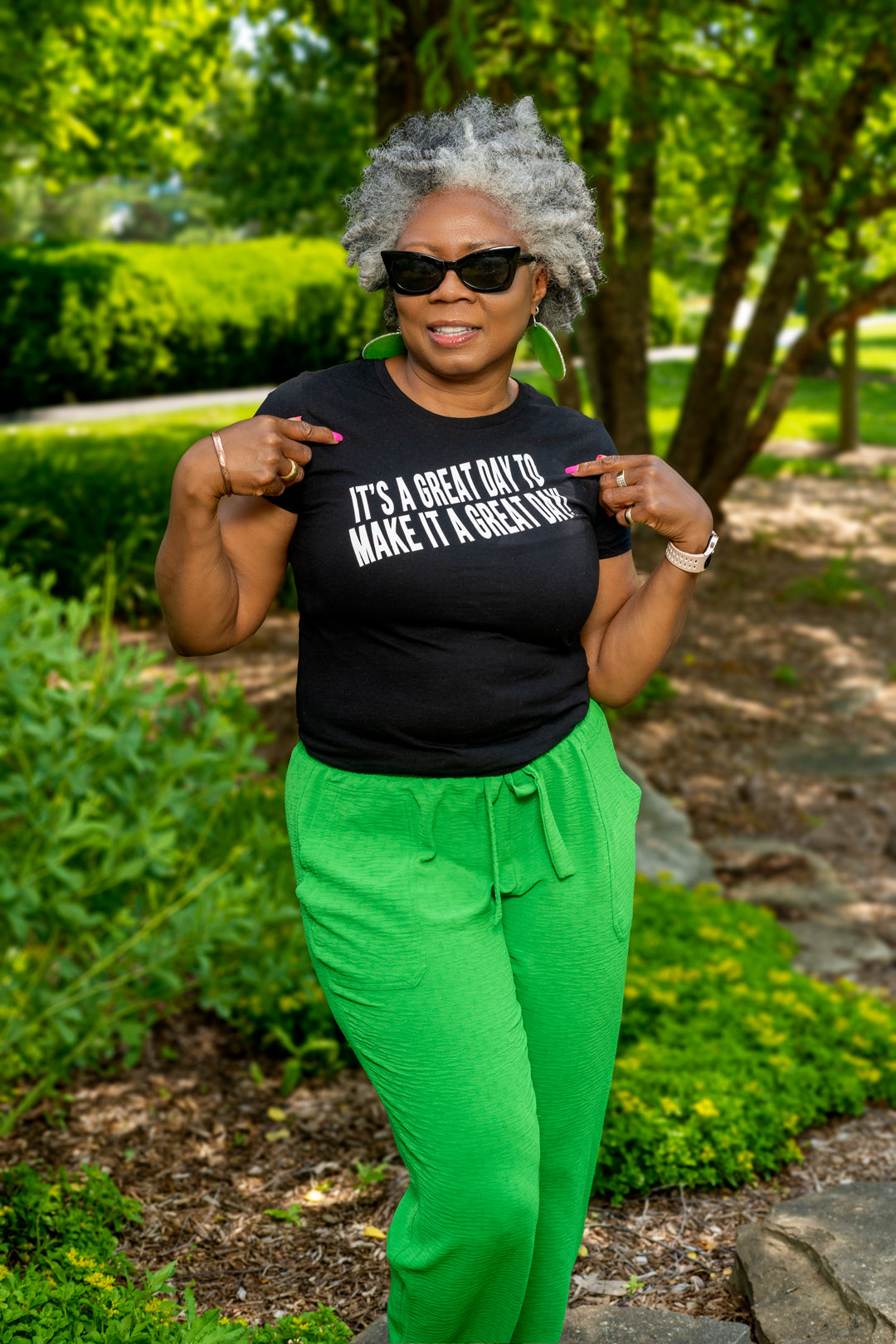 It’s a great day to make it a great day black t shirt with white lettering for women.