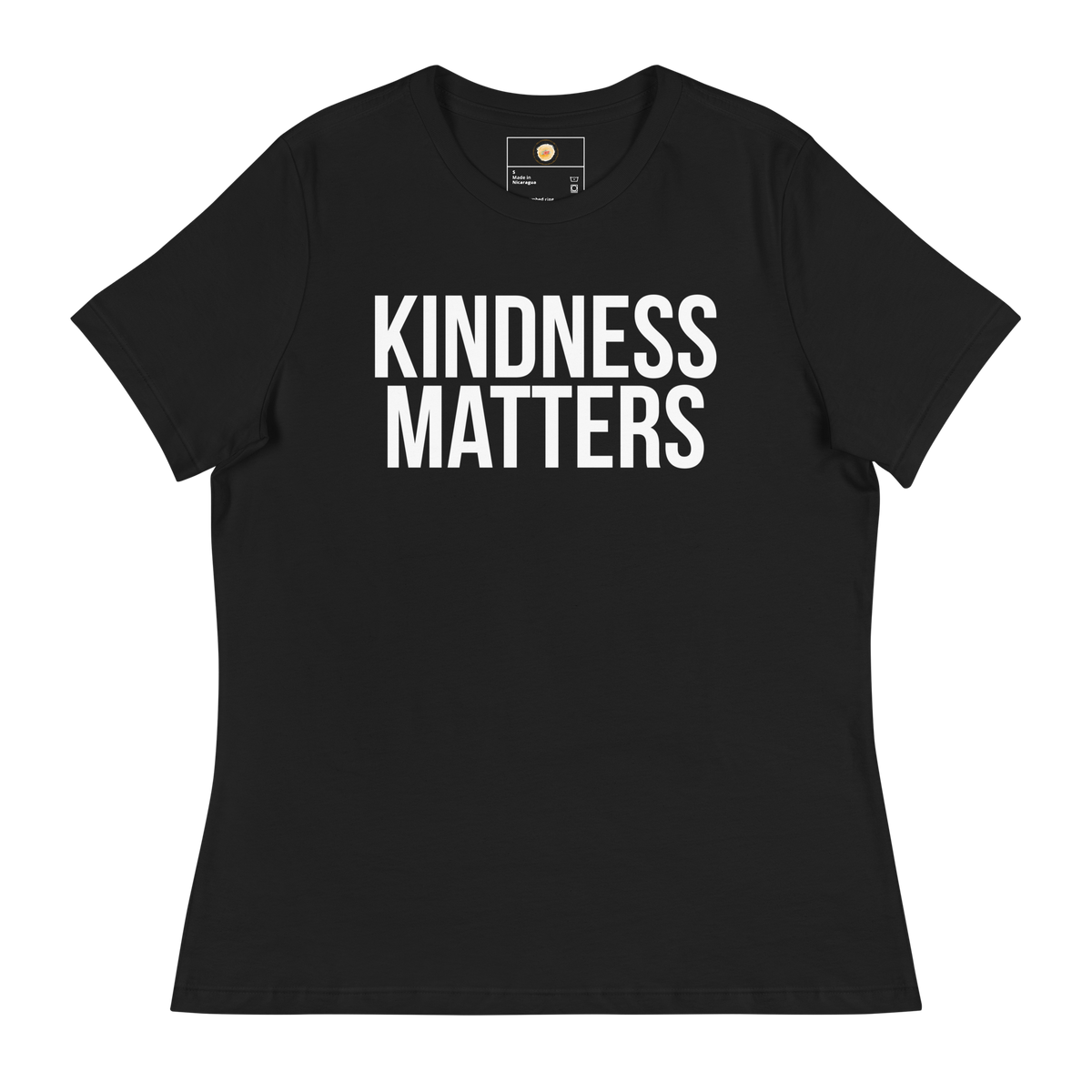 KINDNESS MATTERS Short Sleeve Women's Relaxed T-Shirt - Black/White Letters (S-3XL)