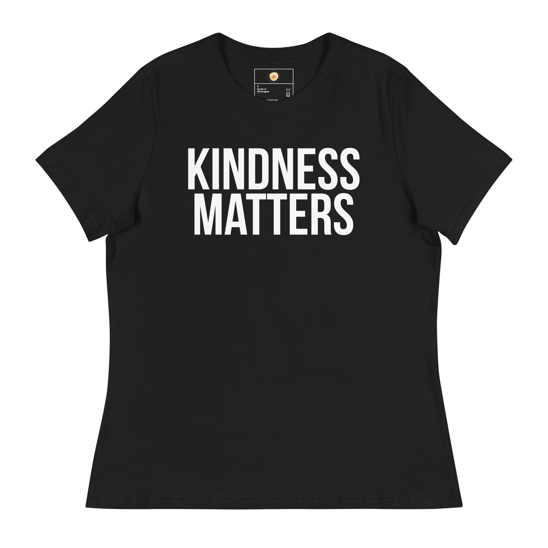 KINDNESS MATTERS Short Sleeve Women's Relaxed T-Shirt - Black/White Letters (S-3XL)