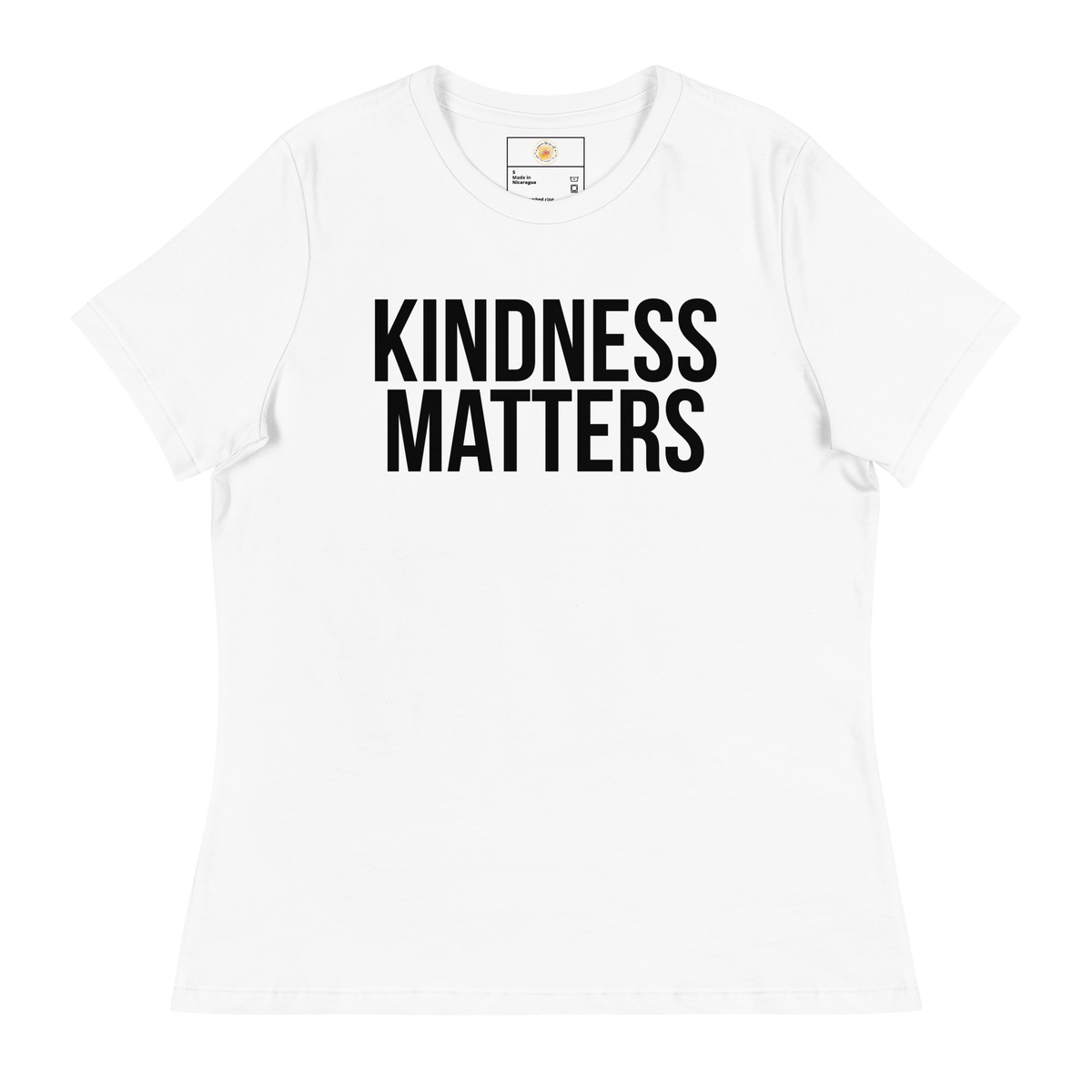 KINDNESS MATTERS Short Sleeve Women's Relaxed T-Shirt - White/Black Letters (S-3XL)