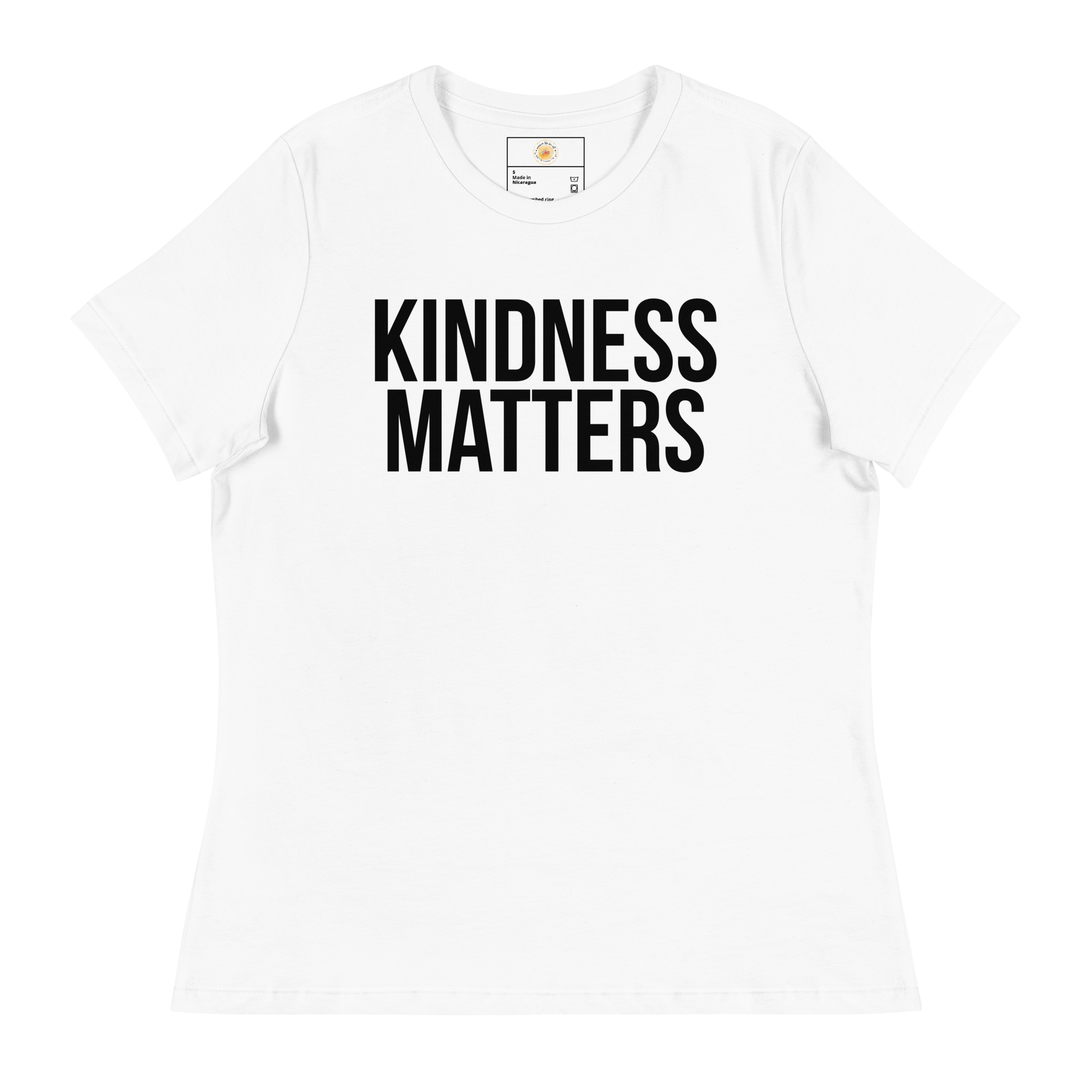 KINDNESS MATTERS Short Sleeve Women's Relaxed T-Shirt - White/Black Letters (S-3XL)