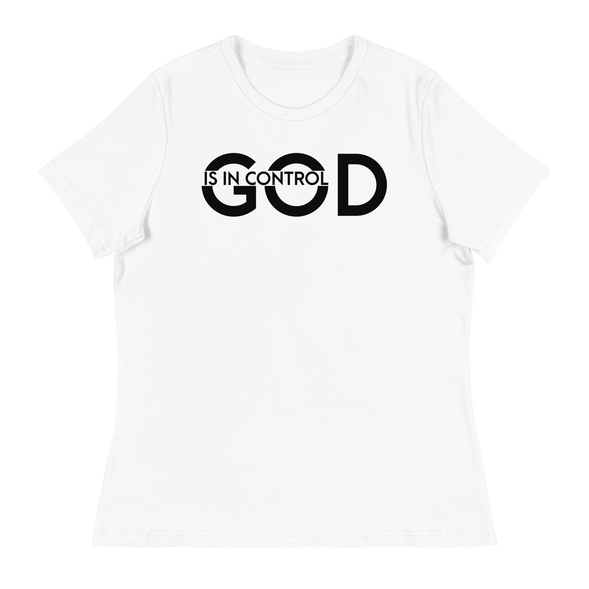 GOD IS IN CONTROL Short Sleeve Women's Relaxed T-Shirt - White/Black Letters (S-3XL)